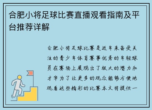合肥小将足球比赛直播观看指南及平台推荐详解